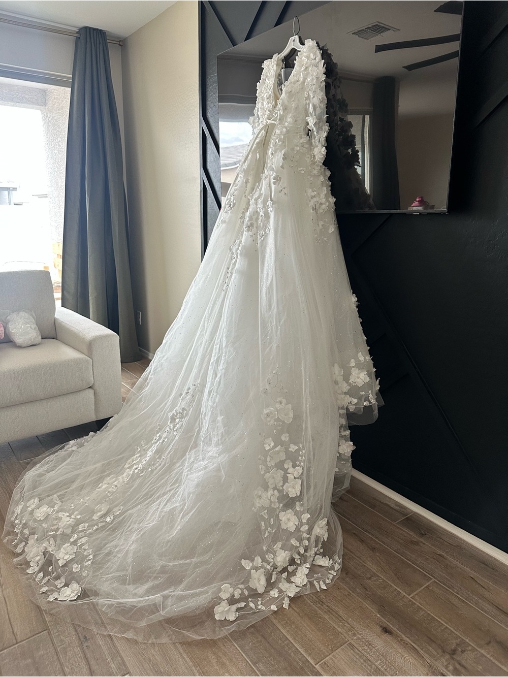 Elegant White Floral Appliqué Tulle Gown by